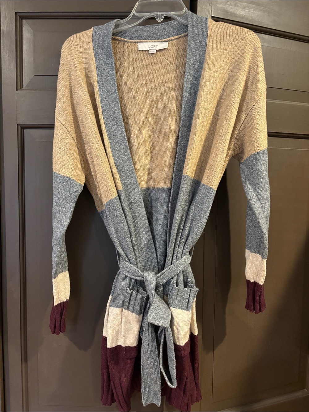 LOFT Colorblock Belted Long Duster Cardigan Sweater Size XL